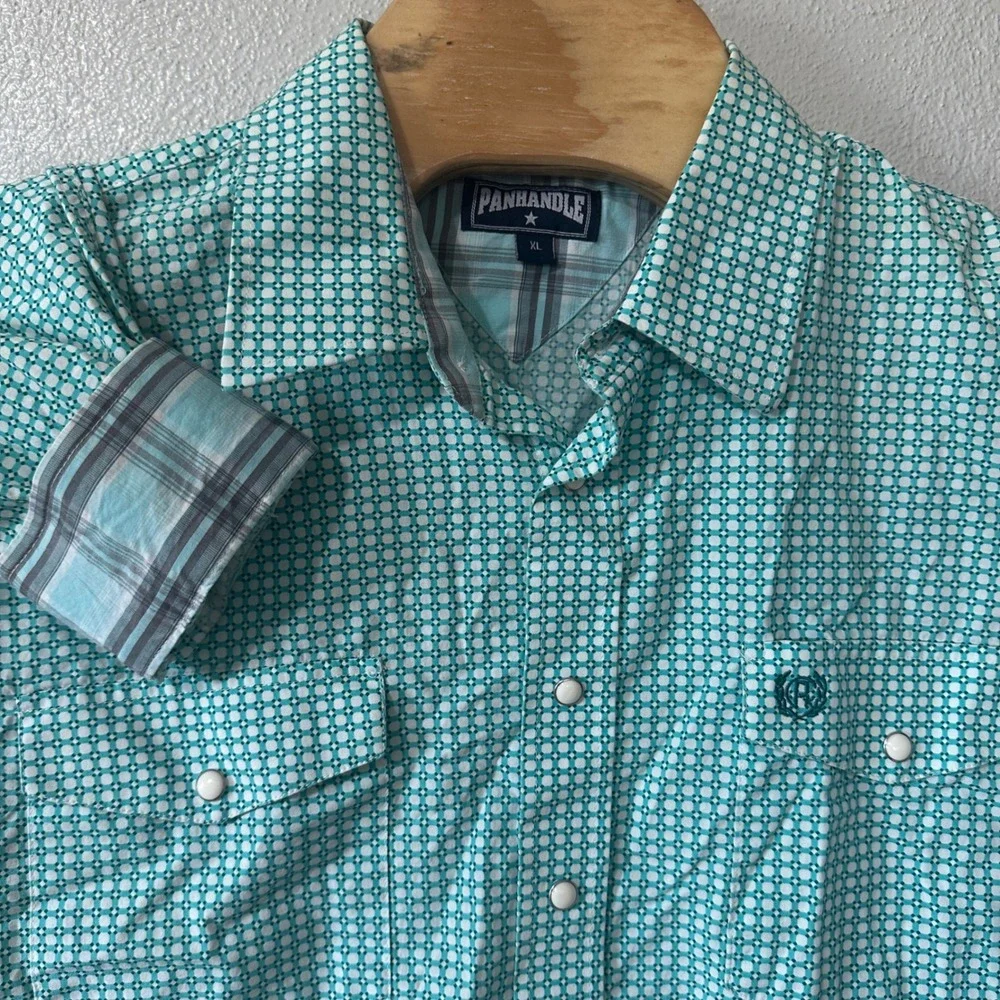 Panhandle Western Pearl Snap Shirt Turquoise Geometric Print Long Sleeve Mens XL